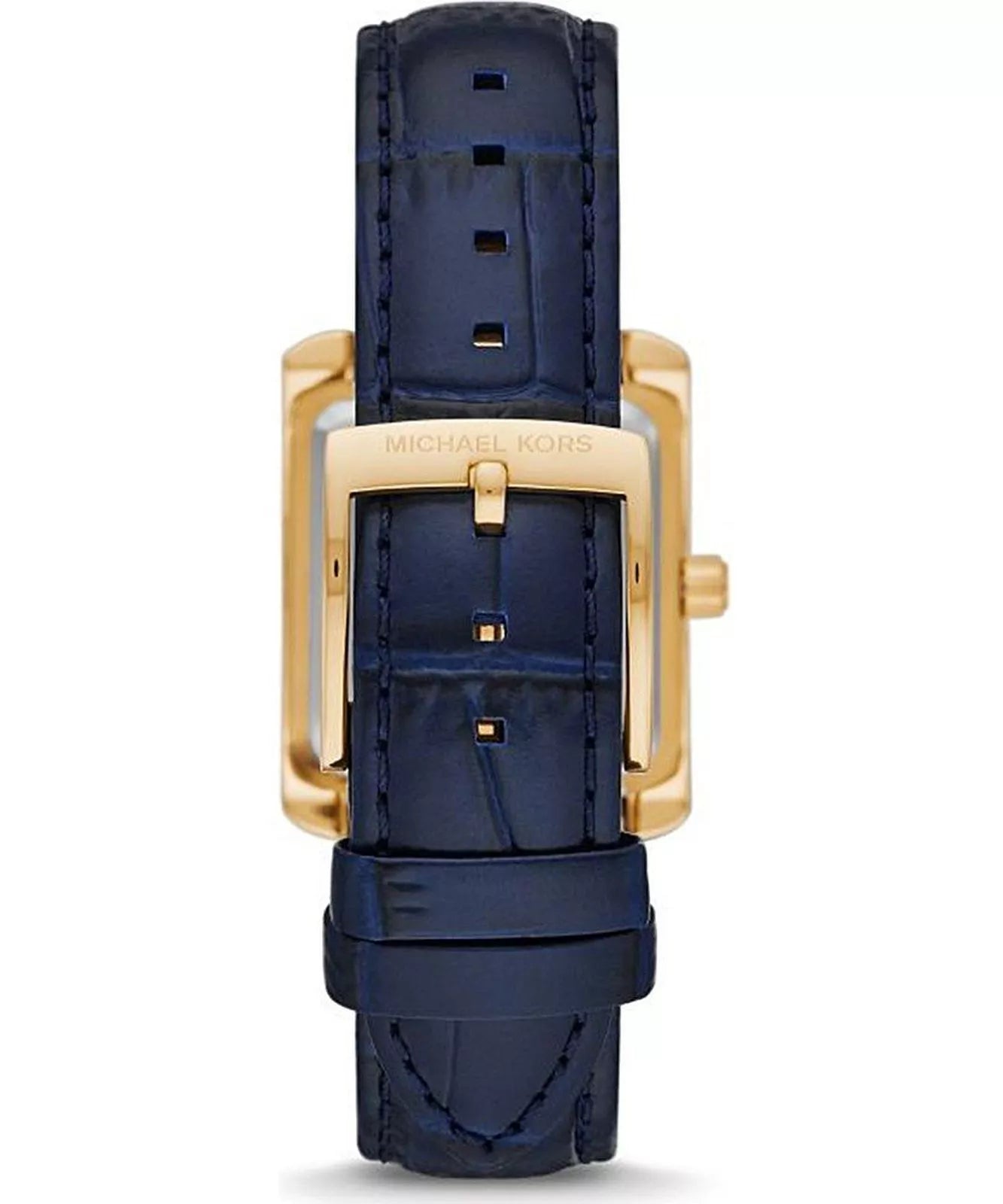 Gold-tone stainless steel pin buckle clasp on the navy leather strap of MK2982