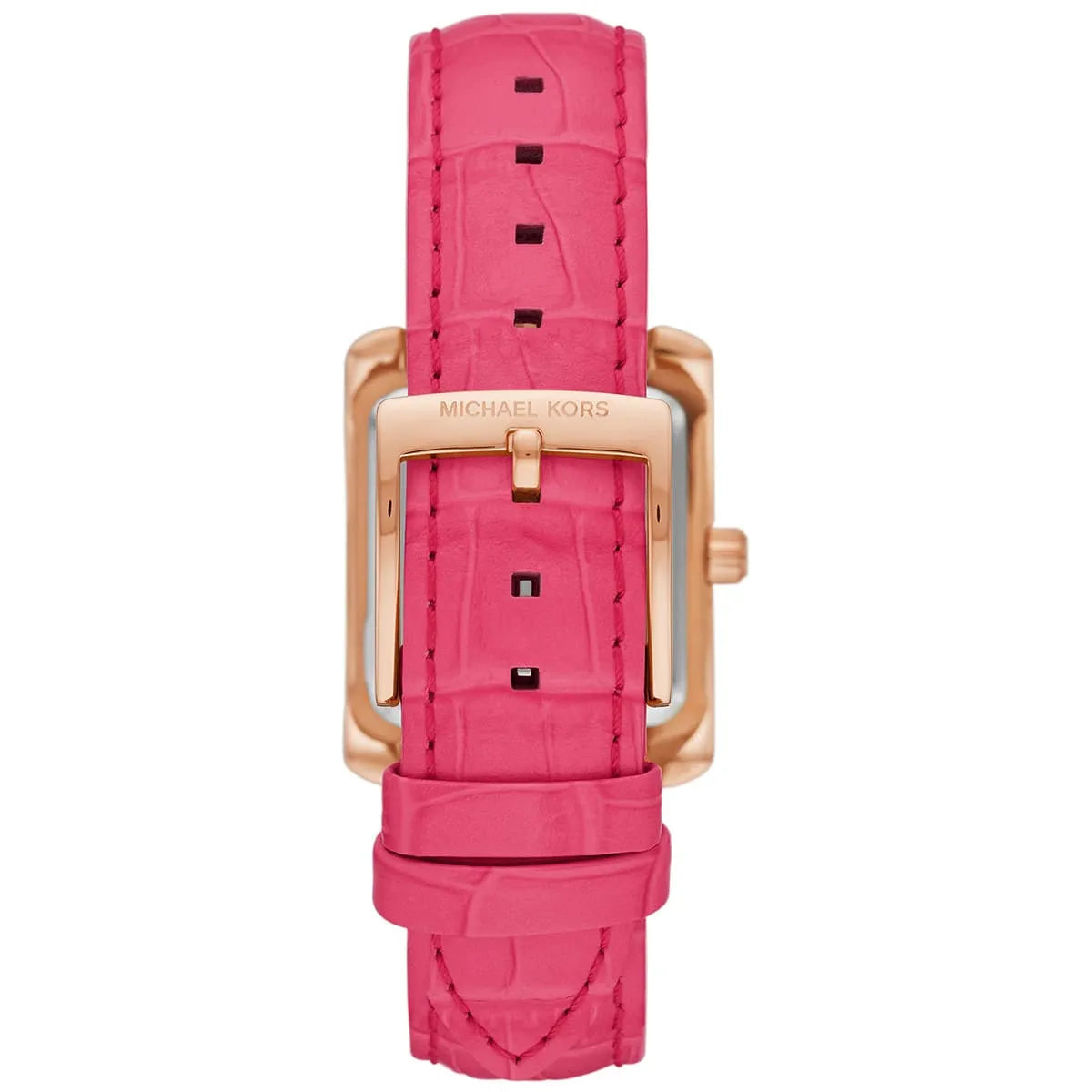 Rose gold-tone stainless steel pin buckle on the pink leather strap of the MK2984