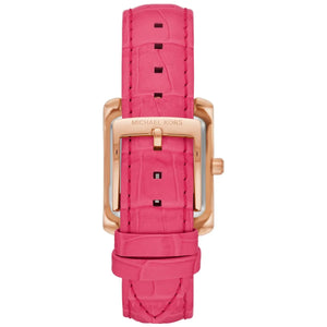 Rose gold-tone stainless steel pin buckle on the pink leather strap of the MK2984