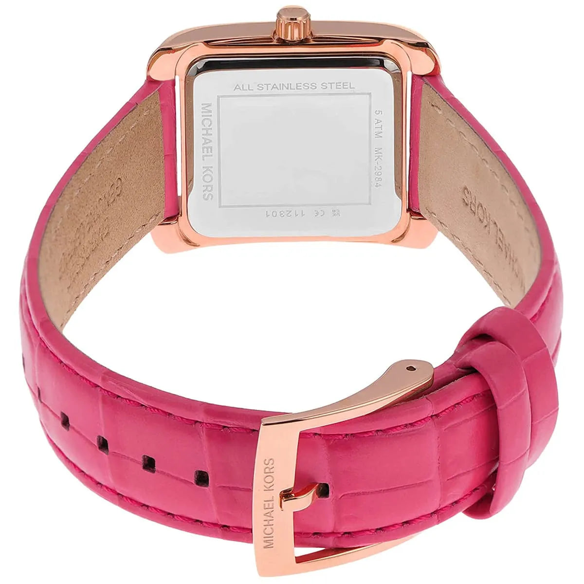 Inside view of the secure rose gold buckle clasp on the Michael Kors women's watch