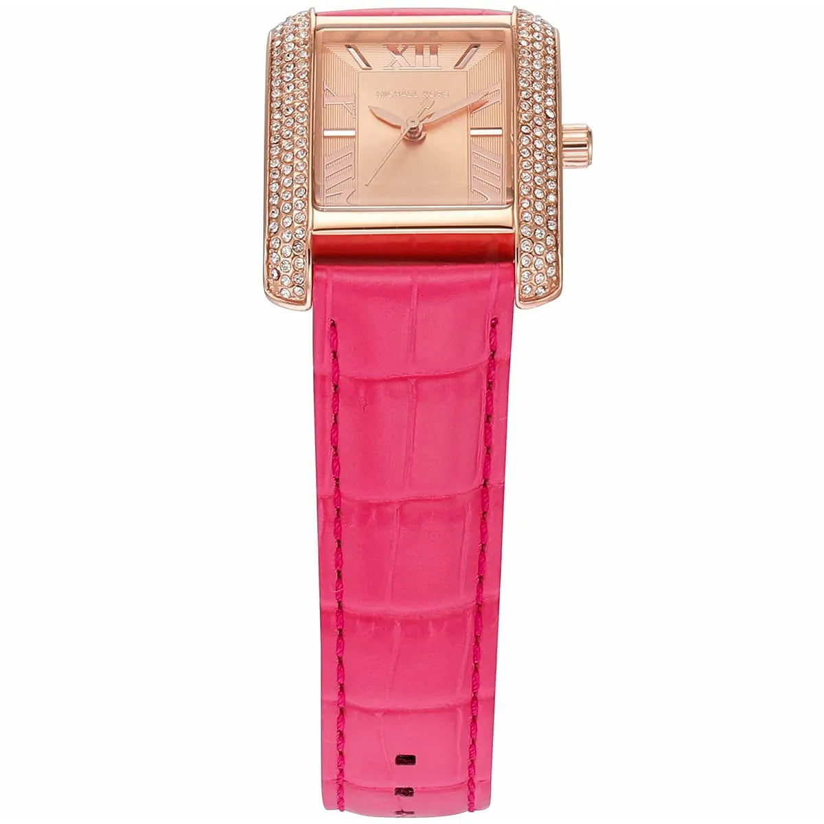 Right side profile view of the 8mm rose gold-tone case on the Michael Kors Emery watch
