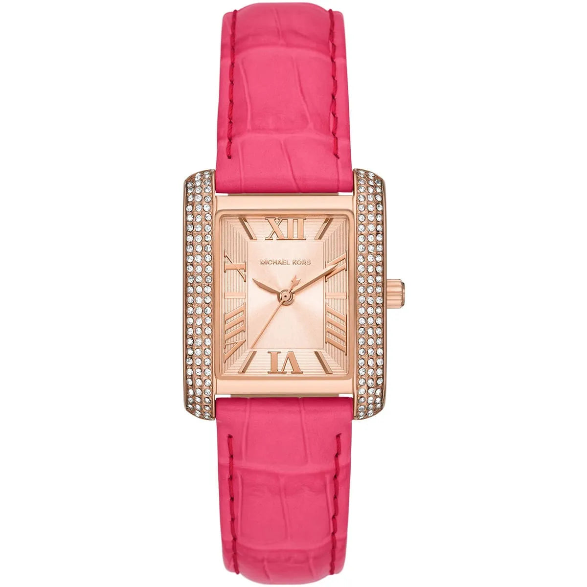 Michael Kors Emery MK2984 women's watch with rose gold rectangular case and pink leather strap