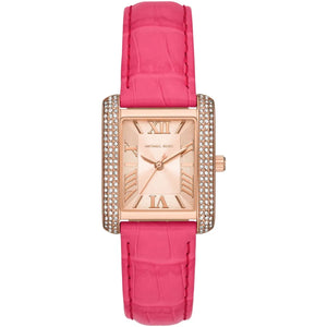 Michael Kors Emery MK2984 women's watch with rose gold rectangular case and pink leather strap