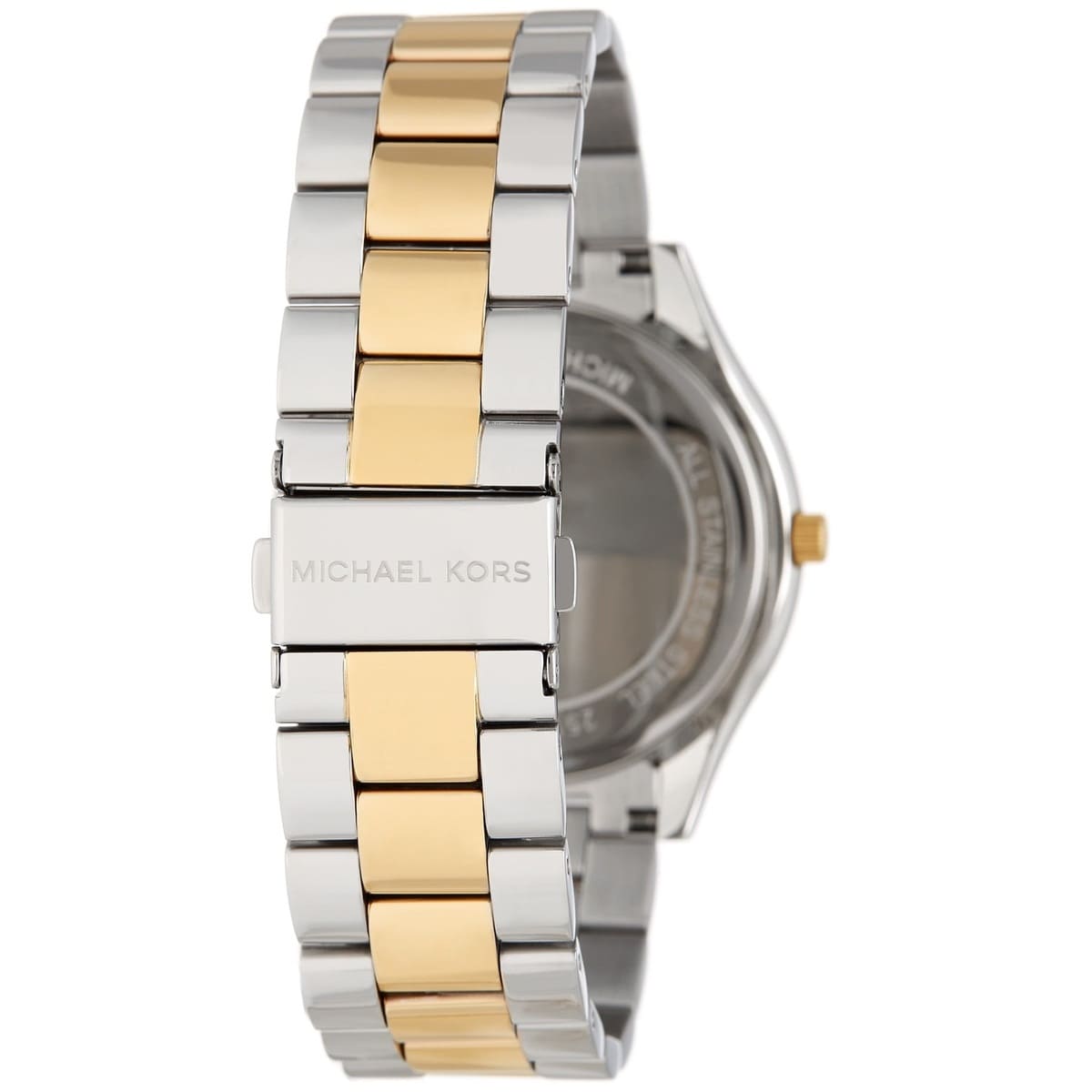 Detailed view of silver and gold stainless steel links for MK3198 watch