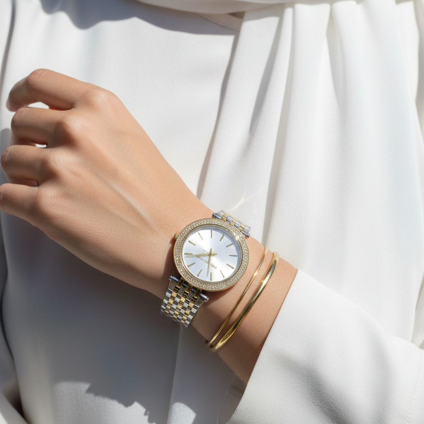 ساعة مايكل كورس MK3215 دارسي سيلفر في ذهبي على معصم محجبة بتصميم راقي