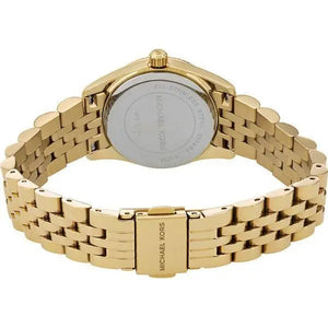 Back view photo of Michael Kors MK3284 showing the stainless steel caseback info