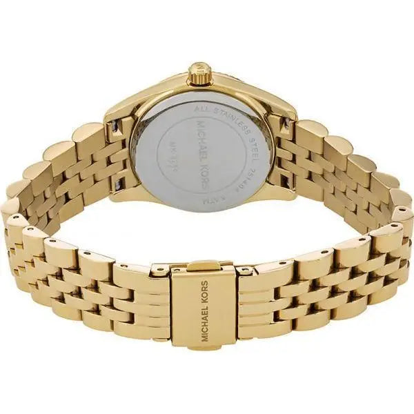 Back view photo of Michael Kors MK3284 showing the stainless steel caseback info
