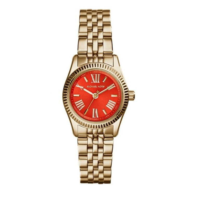 Authentic real-life photo of Michael Kors MK3284 showing gold jubilee bracelet and vibrant red dial