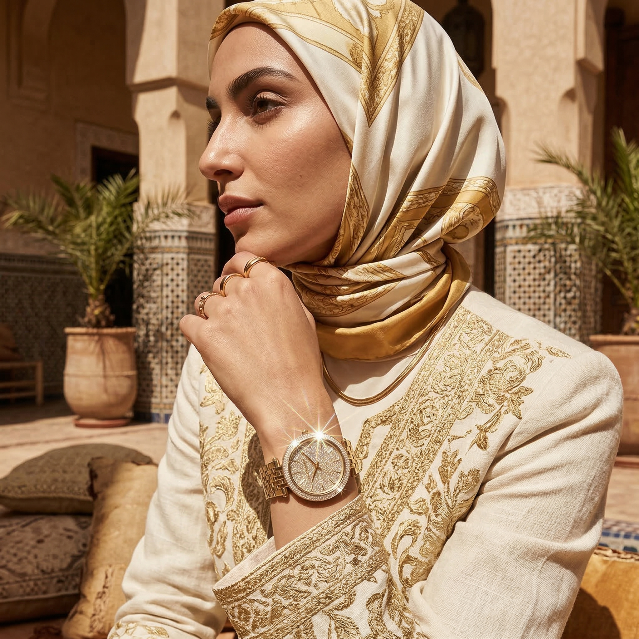 Elegant woman wearing Michael Kors Darci MK3438 with gold-tone case and brilliant pavé dial jewelry style watch
