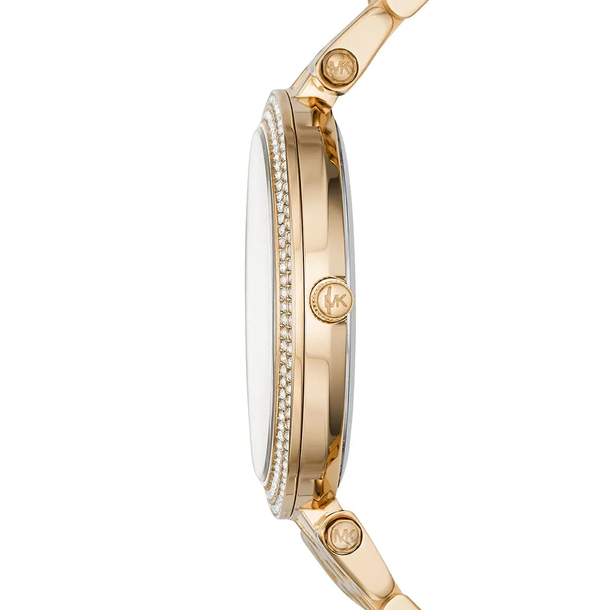 Side profile of Michael Kors Darci MK3438 showing 7mm slim thickness and gold finish with 50m water resistance