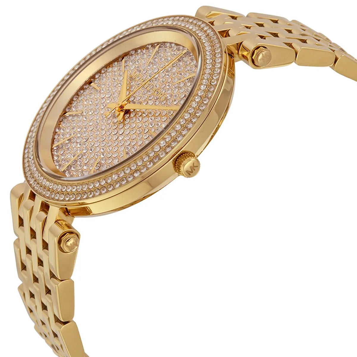 Side profile of Michael Kors Darci MK3438 showing 7mm slim thickness and gold finish with 50m water resistance