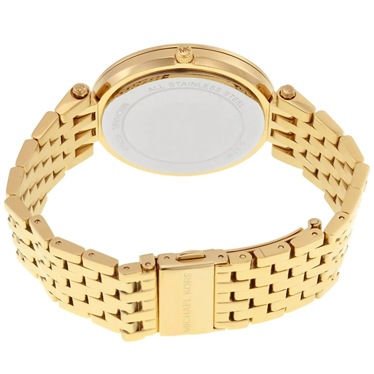 Caseback of Michael Kors Darci MK3438 showing technical specs pavé dial and gold metal bracelet