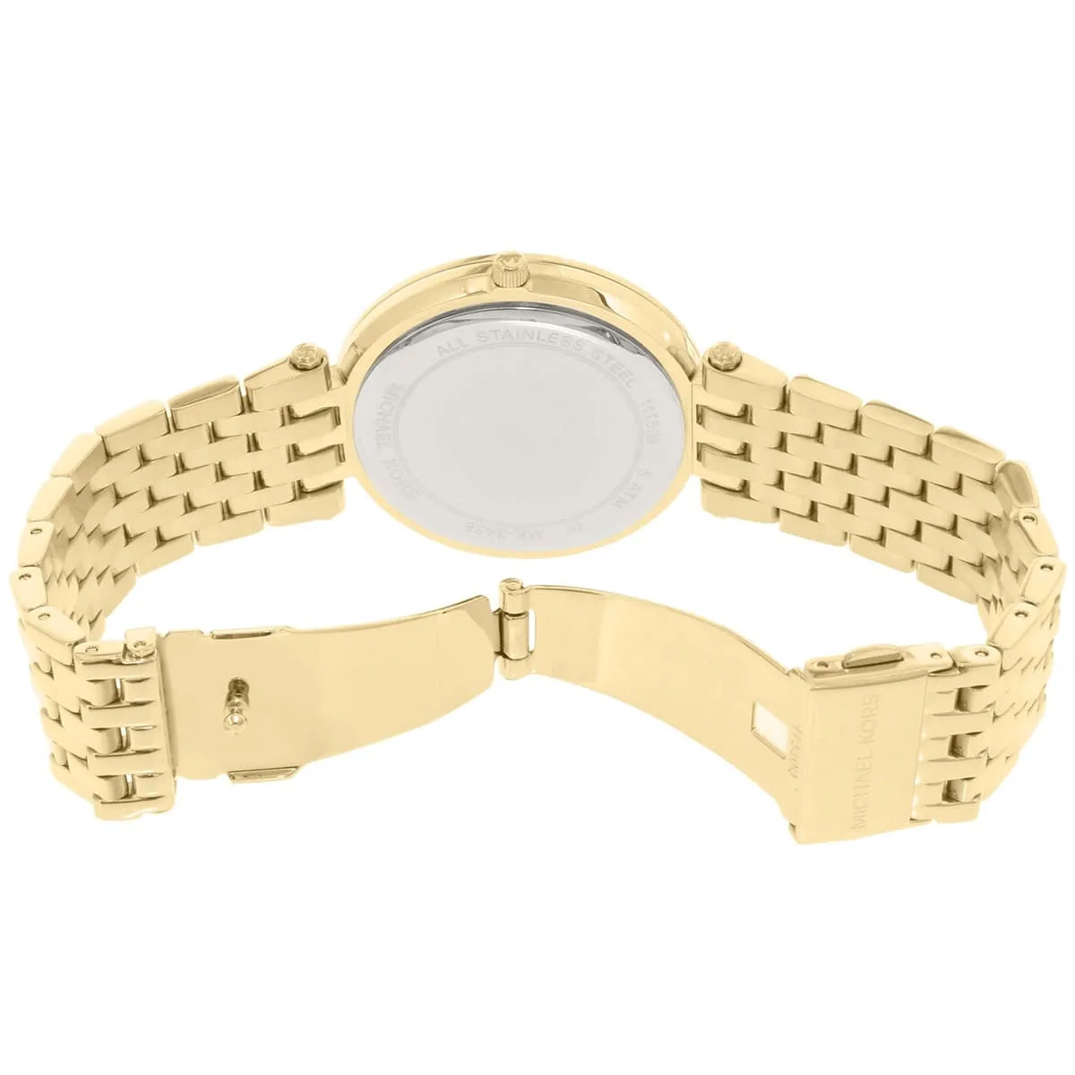 Gold-tone deployment clasp on Michael Kors Darci MK3438 metal bracelet watch water resistant 50m