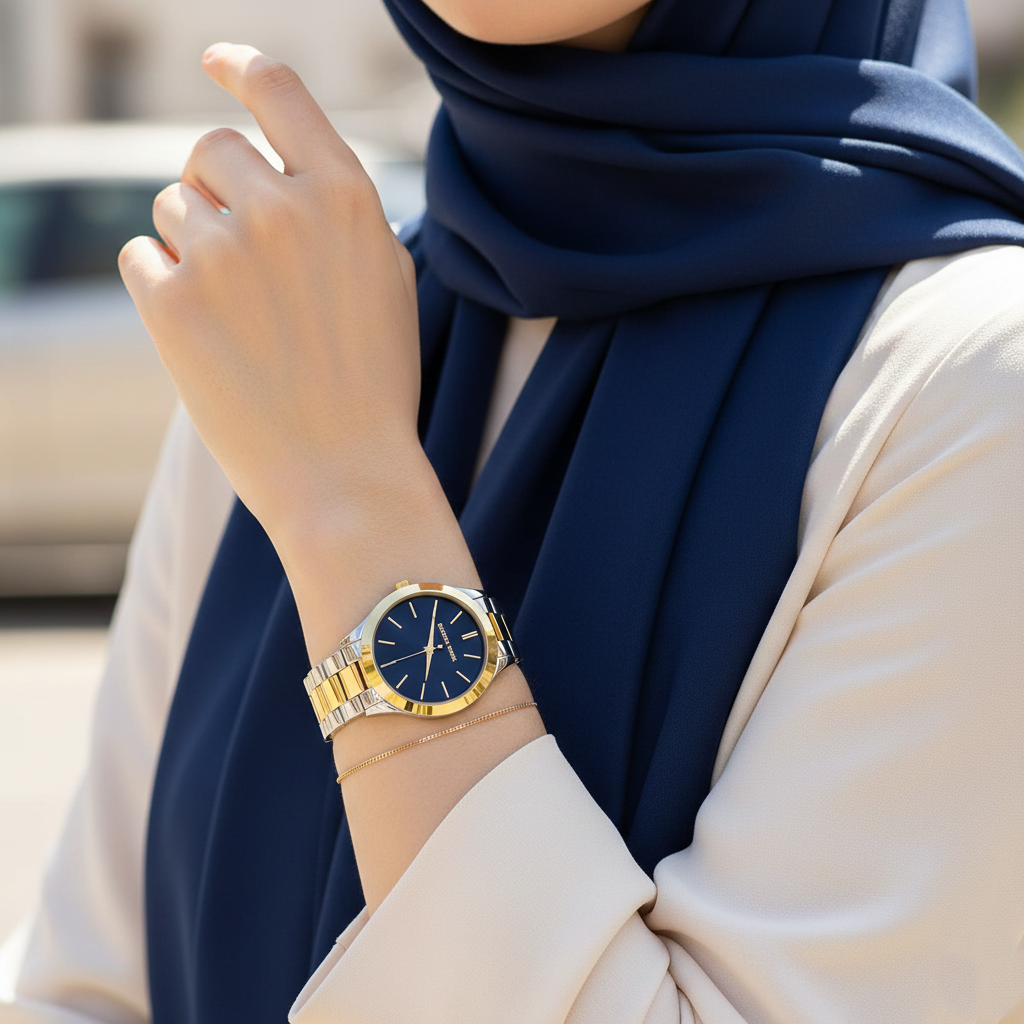 ساعة مايكل كورس MK3479 رانواي سيلفر في ذهبي على معصم محجبة بتصميم أنيق