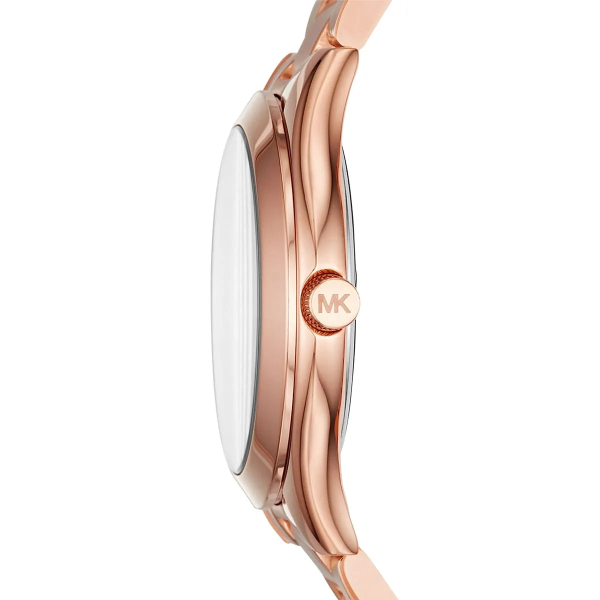 Side view photo of Michael Kors MK3513 showing slim case thickness and rose gold crown detail