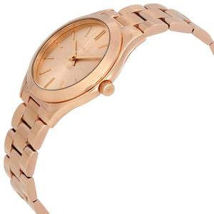 Angled real-life photo of Michael Kors MK3513 showing the polished rose gold case and slim profile