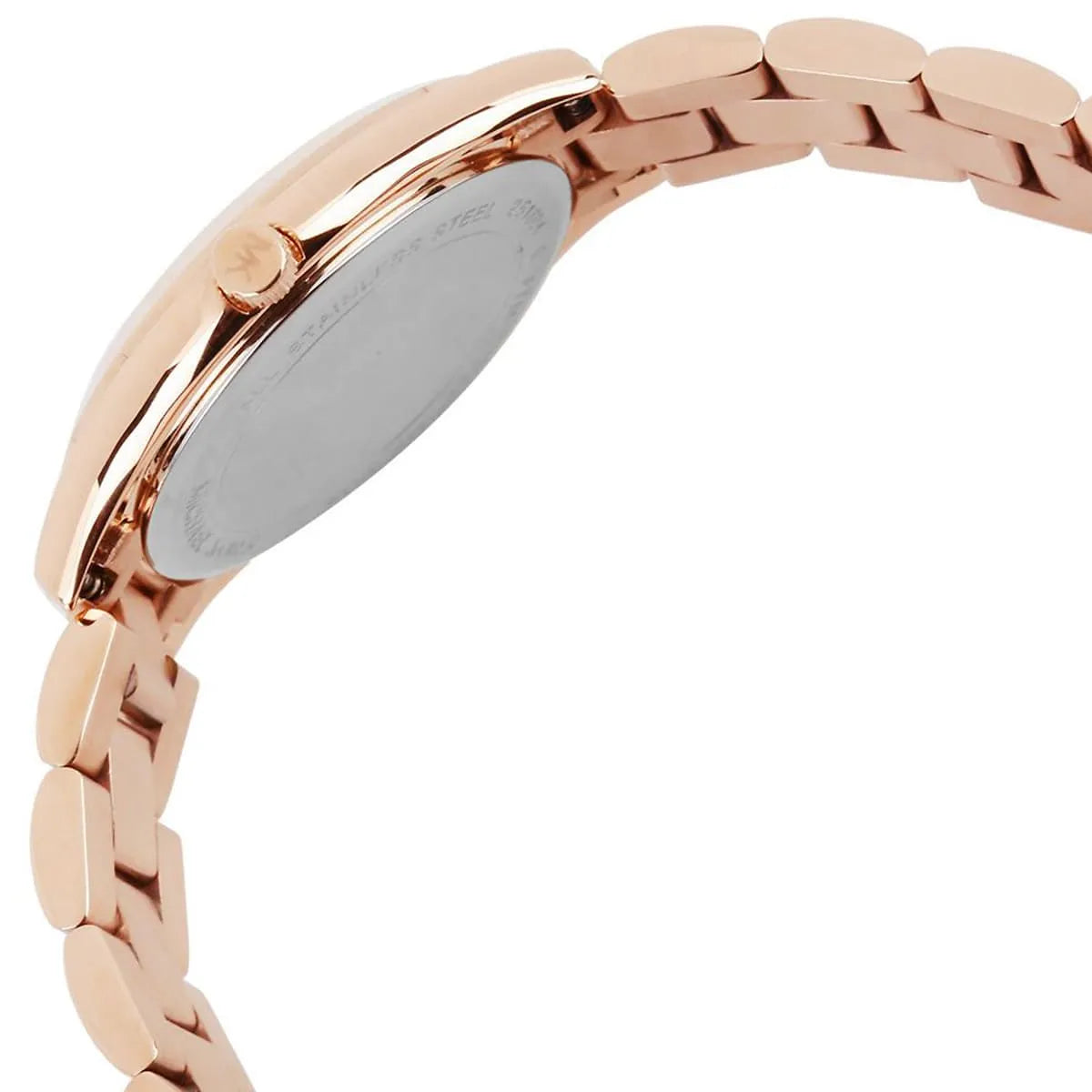 Side view photo of Michael Kors MK3513 showing slim case thickness and rose gold crown detail
