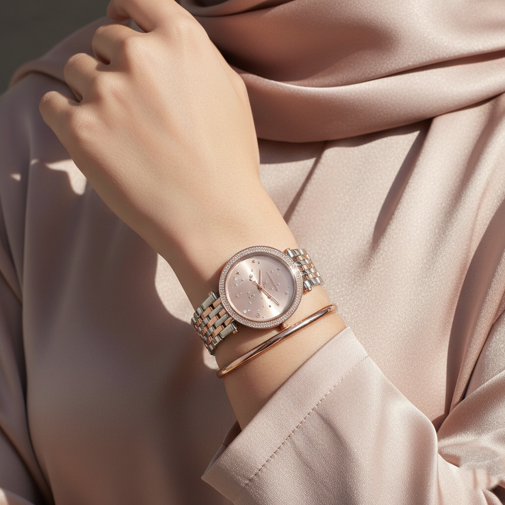 ساعة مايكل كورس MK3726 دارسي بمينا النجوم على معصم محجبة بتصميم ساحر