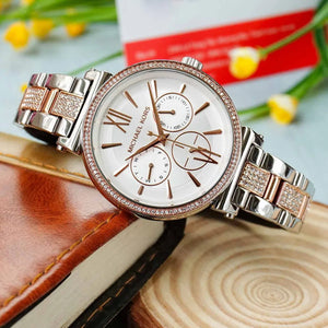 Michael Kors MK4353 Sofie Women’s Silver Rose Gold Chronograph Crystal Watch - Luxury Hub Store