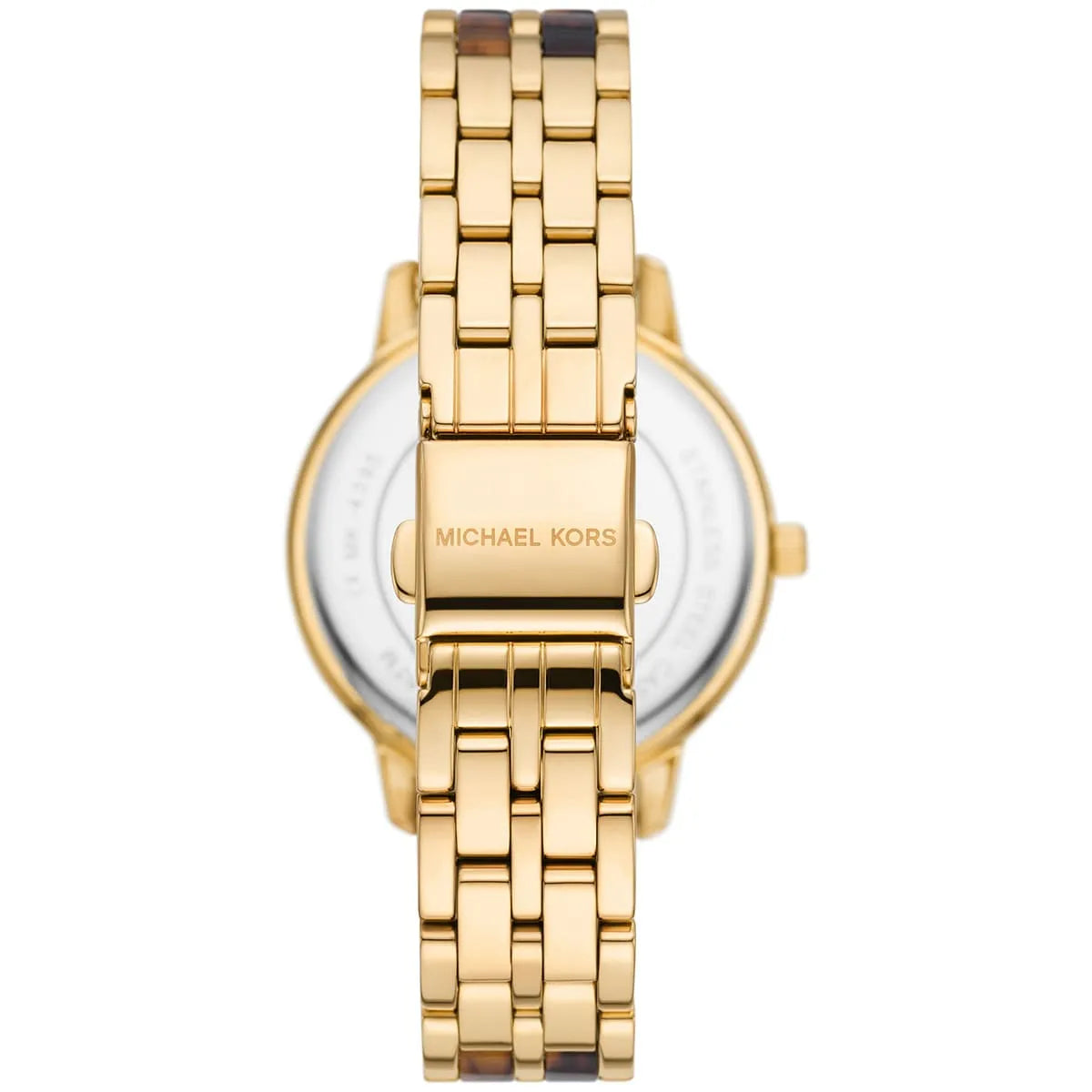 Caseback of Michael Kors Melissa MK4395 women's quartz battery watch showing technical specs gold dial and metal bracelet