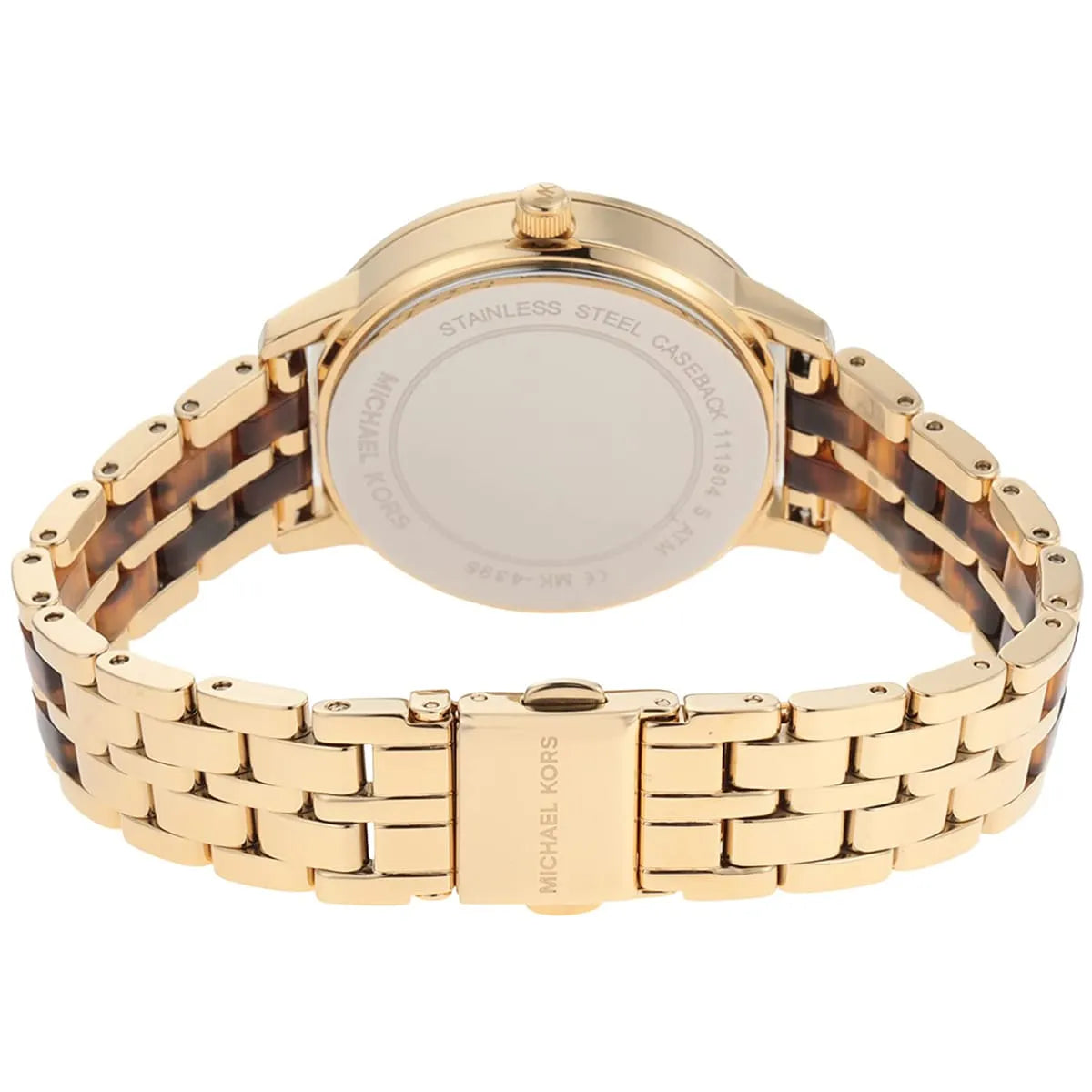 Caseback of Michael Kors Melissa MK4395 women's quartz battery watch showing technical specs gold dial and metal bracelet