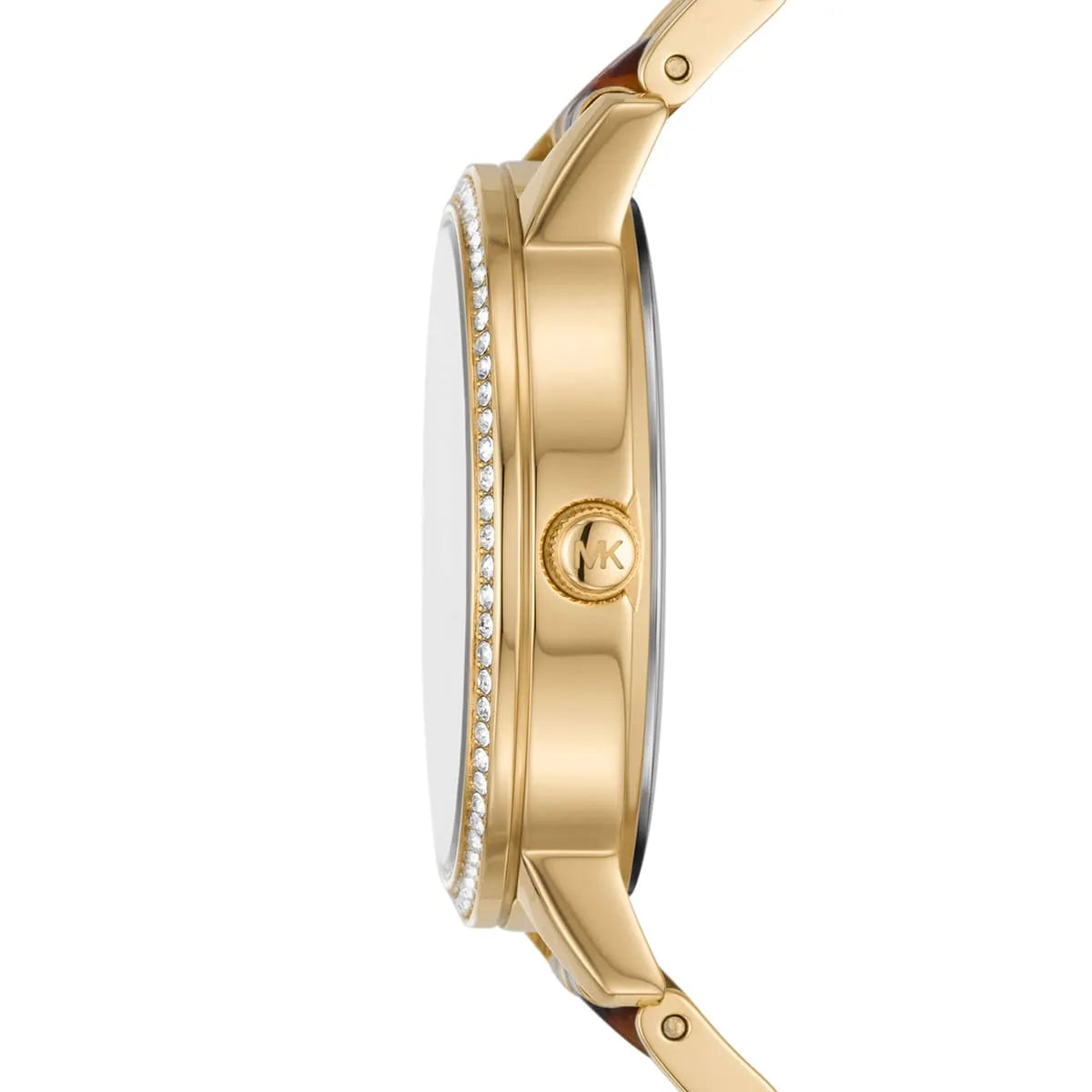 Detailed view of gold-tone crown on Michael Kors Melissa MK4395 women's quartz battery watch with crystal dial