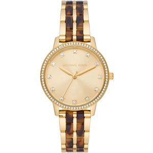 Michael Kors Melissa MK4395 women's quartz battery watch with gold dial, tortoise acetate and gold bracelet, crystal bezel main view