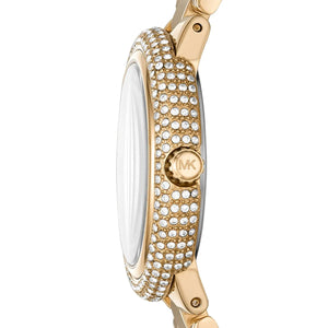 Angled real-life photo of Michael Kors mk4459 showing the polished gold case and crystal detail