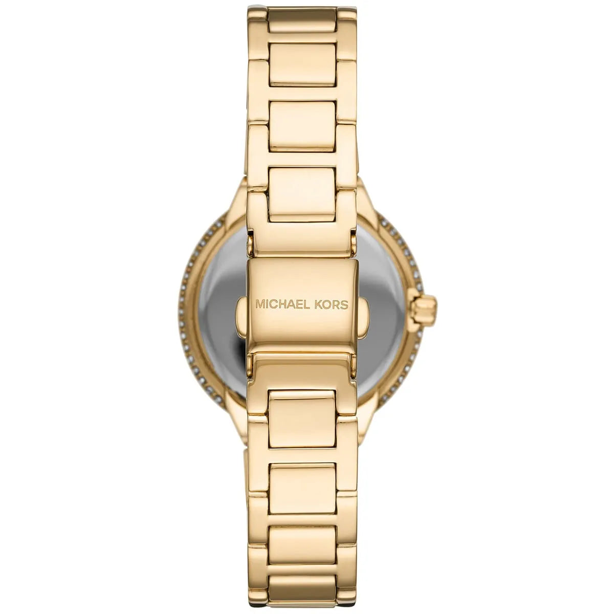 Photo of the gold-tone stainless steel deployment buckle on the Michael Kors mk4459