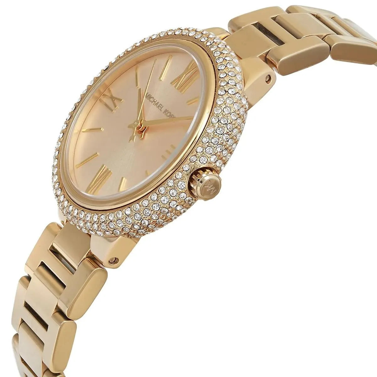 Gold watch with a decorative face and chain strap on a white background