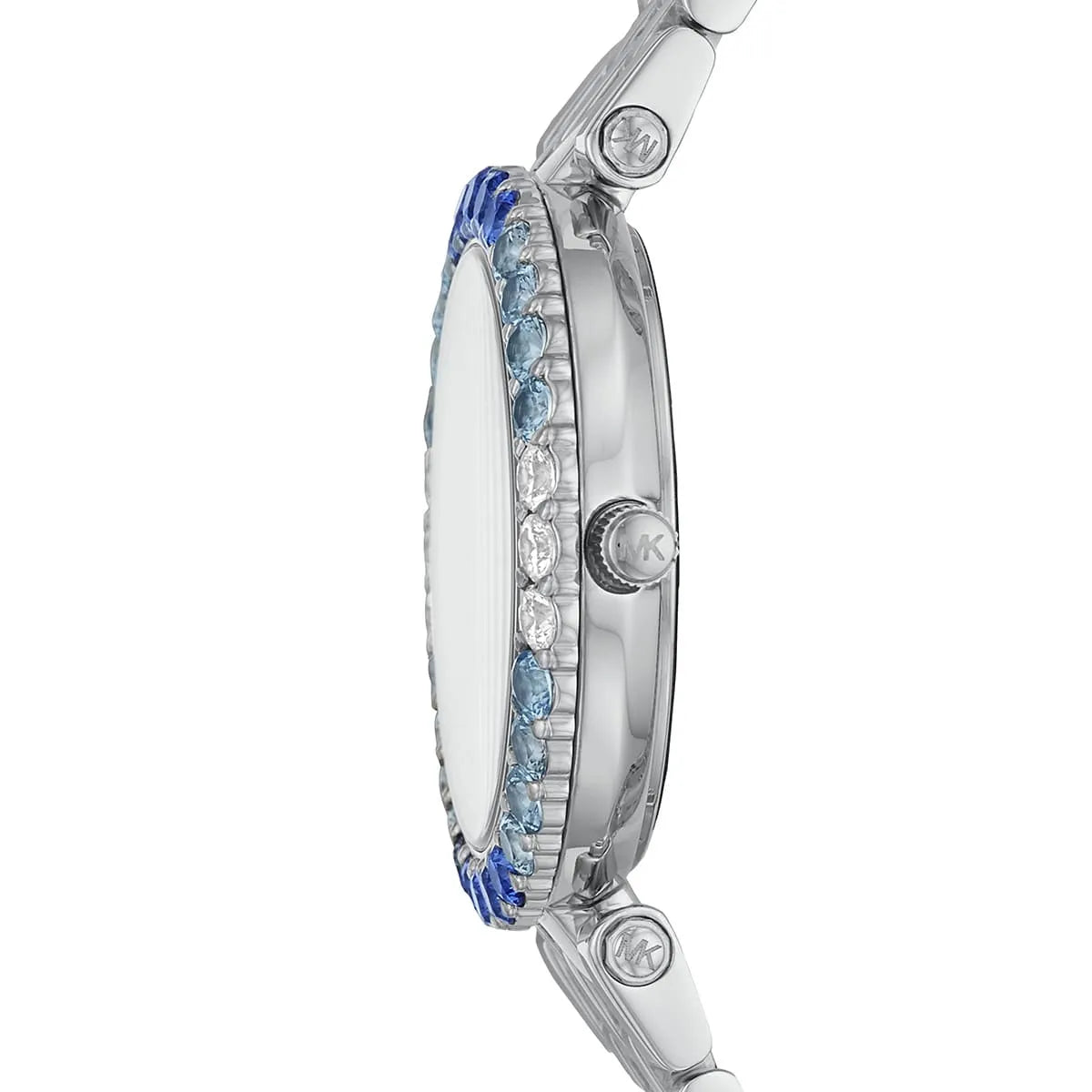 Detailed view of silver-tone crown on Michael Kors Darci MK4516 with white dial and metal bracelet