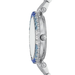 Detailed view of silver-tone crown on Michael Kors Darci MK4516 with white dial and metal bracelet