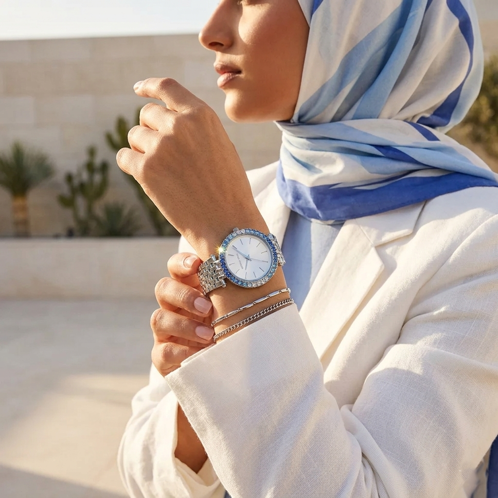 Elegant woman wearing Michael Kors Darci MK4516 with silver case and stunning blue crystal bezel jewelry style watch