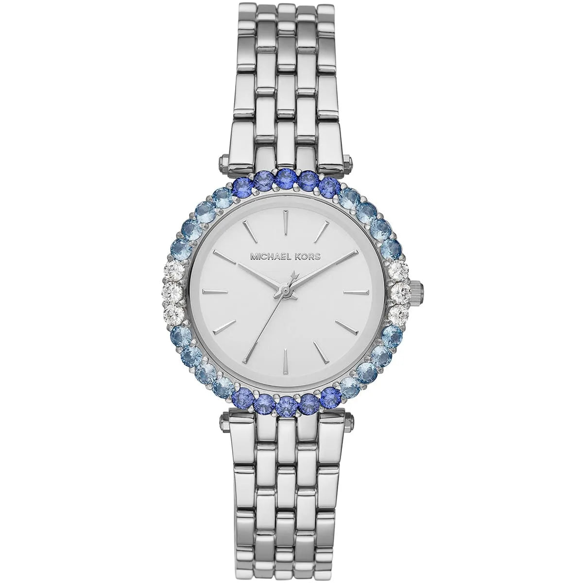 Michael Kors Darci MK4516 women's watch with white dial, blue ombré crystal bezel, and silver stainless steel bracelet main view