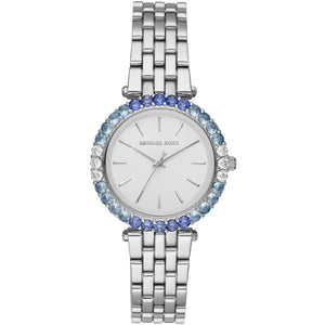 Michael Kors Darci MK4516 women's watch with white dial, blue ombré crystal bezel, and silver stainless steel bracelet main view