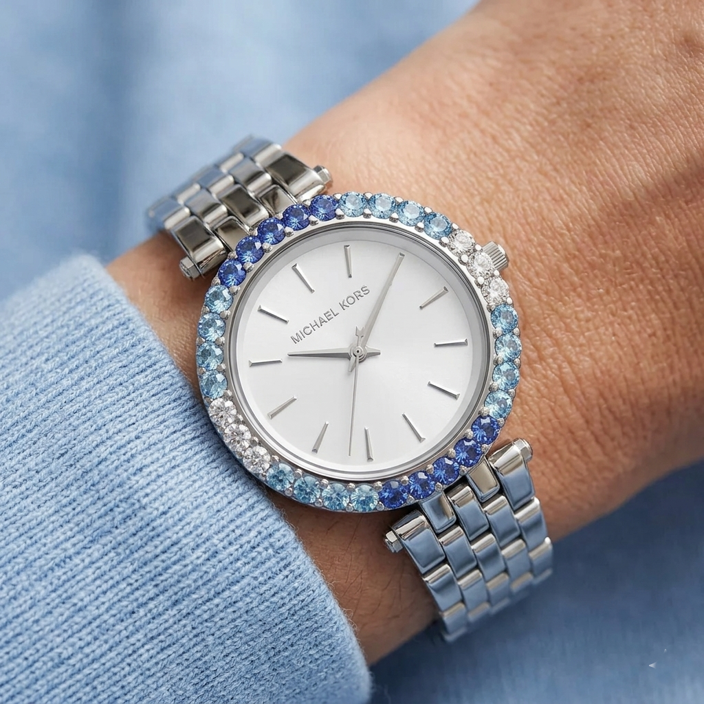 Close up of Michael Kors Darci MK4516 on wrist showing blue ombré crystal bezel and silver metal bracelet with 50m water resistance