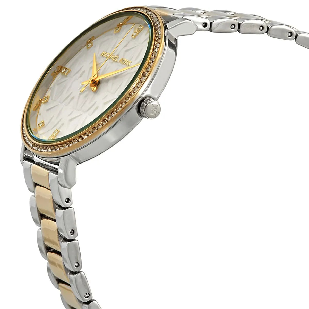 Right angled view of Michael Kors Pyper MK4595 women's quartz battery watch highlighting gold bezel and white dial details