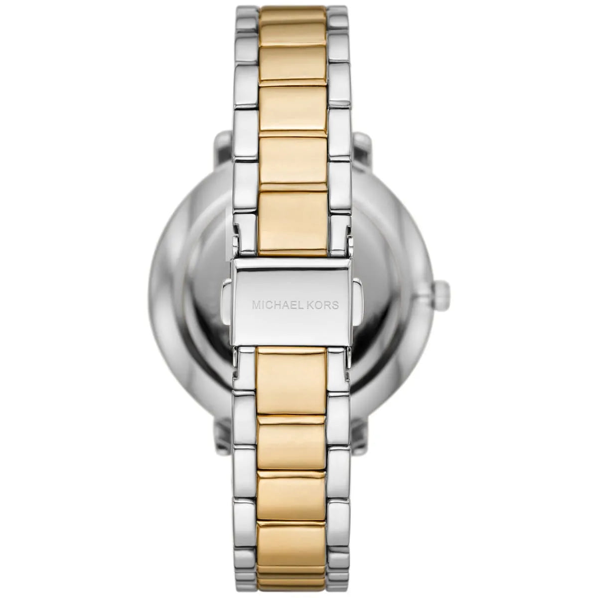 Caseback of Michael Kors Pyper MK4595 women's quartz battery watch showing technical specs white dial and two-tone metal bracelet