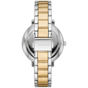 Caseback of Michael Kors Pyper MK4595 women's quartz battery watch showing technical specs white dial and two-tone metal bracelet