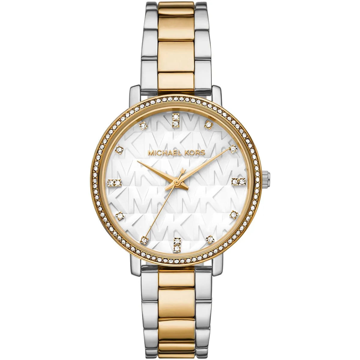 Michael Kors Pyper MK4595 women's quartz battery watch with white MK logo dial, crystal-set gold bezel, two-tone silver and gold stainless steel bracelet main view