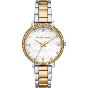 Michael Kors Pyper MK4595 women's quartz battery watch with white MK logo dial, crystal-set gold bezel, two-tone silver and gold stainless steel bracelet main view