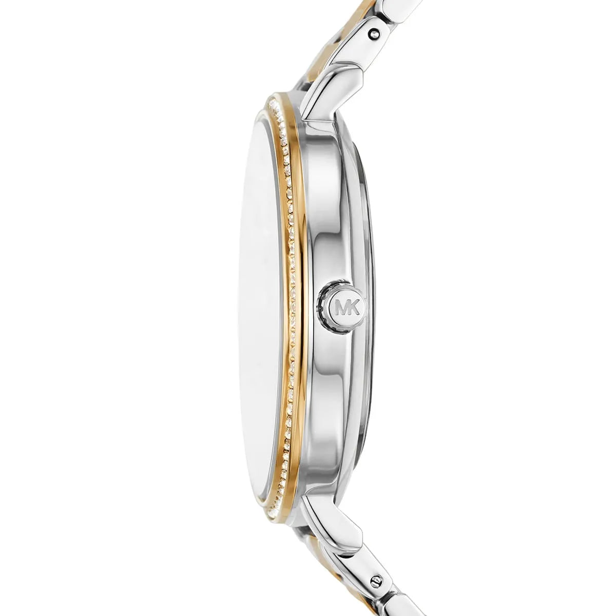 Side profile of Michael Kors Pyper MK4595 women's quartz battery watch showing 7mm slim thickness and silver finish