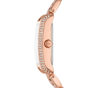 Detailed view of rose gold-tone crown on Michael Kors Emery MK4641 with white dial and metal bracelet