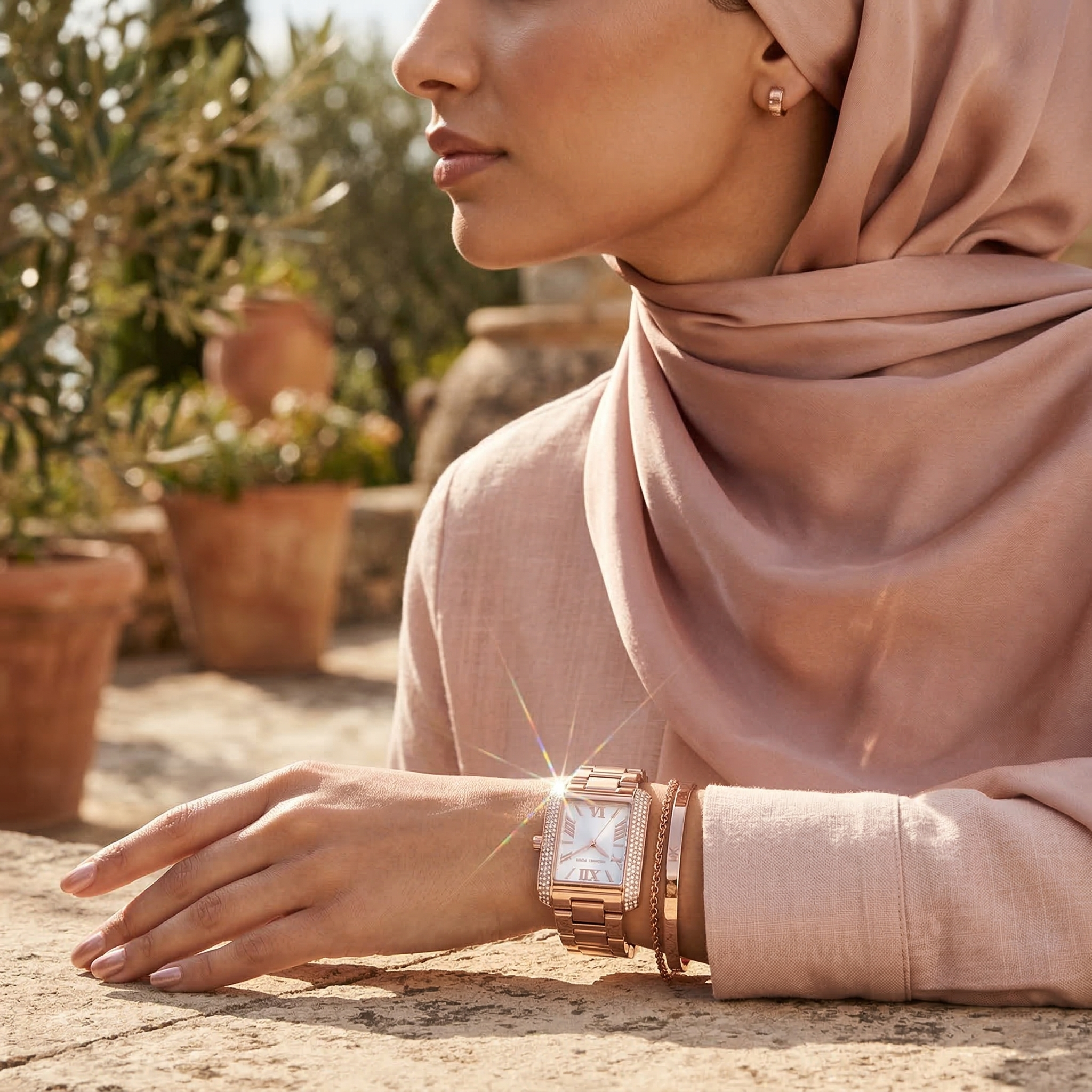 Elegant woman wearing Michael Kors Emery MK4641 with rose gold-tone case and stunning crystal borders jewelry style watch