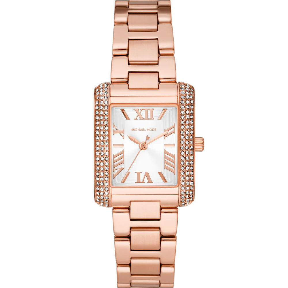 Michael Kors Emery MK4641 women's watch with white dial, rose gold-tone rectangular case with crystal pave, rose gold stainless steel bracelet main view