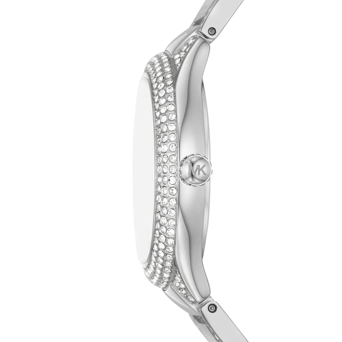 Side profile of Michael Kors MK4657 showing slim silver case and crystal lugs
