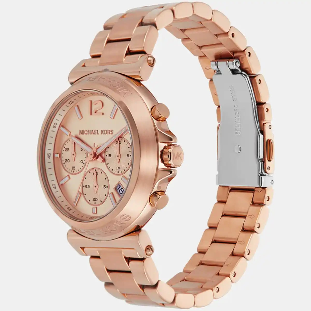 Right angled view of Michael Kors Raquel MK4688 women's quartz battery watch highlighting faceted rose gold finish and chronograph detail