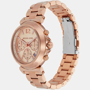 Right angled view of Michael Kors Raquel MK4688 women's quartz battery watch highlighting faceted rose gold finish and chronograph detail