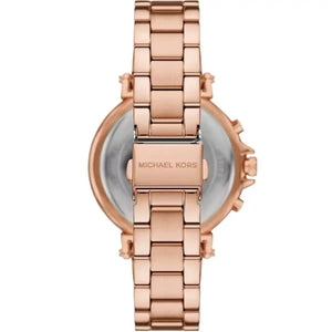 Caseback of Michael Kors Raquel MK4688 women's quartz battery watch showing technical specs rose gold dial and metal bracelet