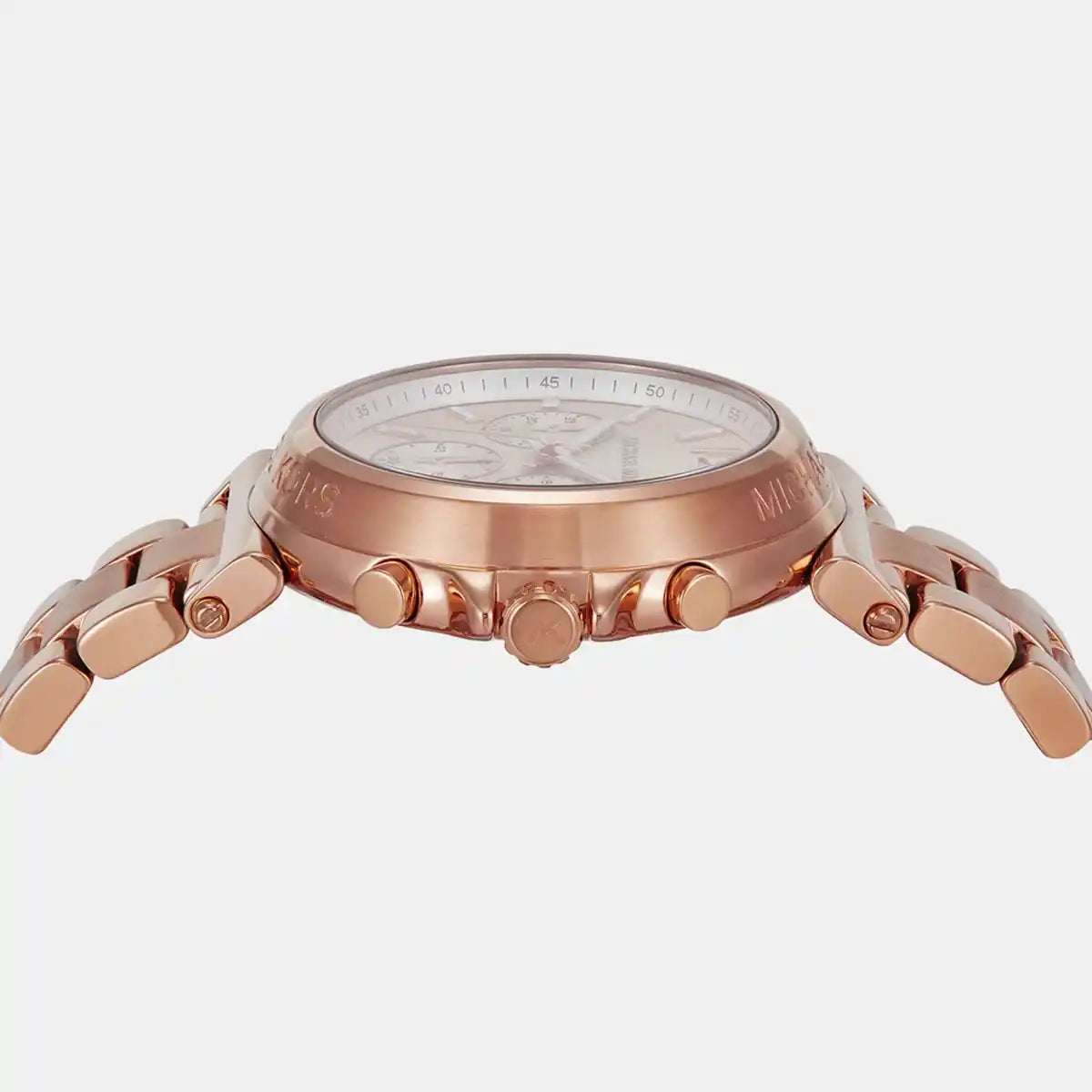 Side profile of Michael Kors Raquel MK4688 women's quartz battery watch showing 10mm thickness and faceted geometric finish
